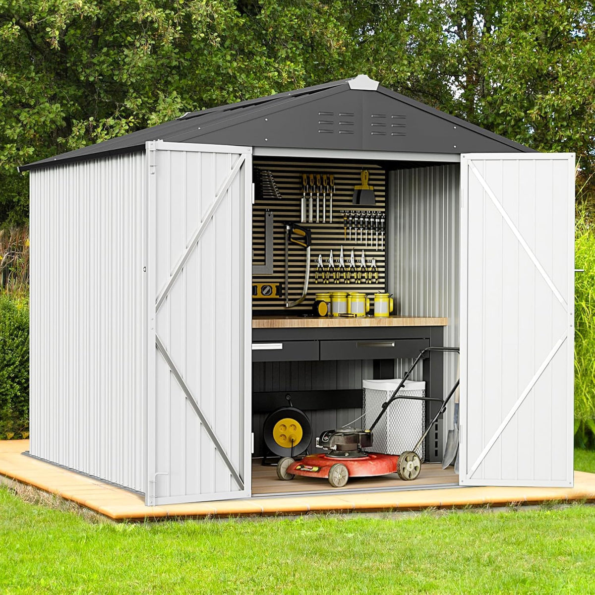 Greesum Outdoor Storage Shed 6 x 8 ft. Utility Tool Shed Metal Storage Garden Shed with Door & Lock for Patio Storage, Brown