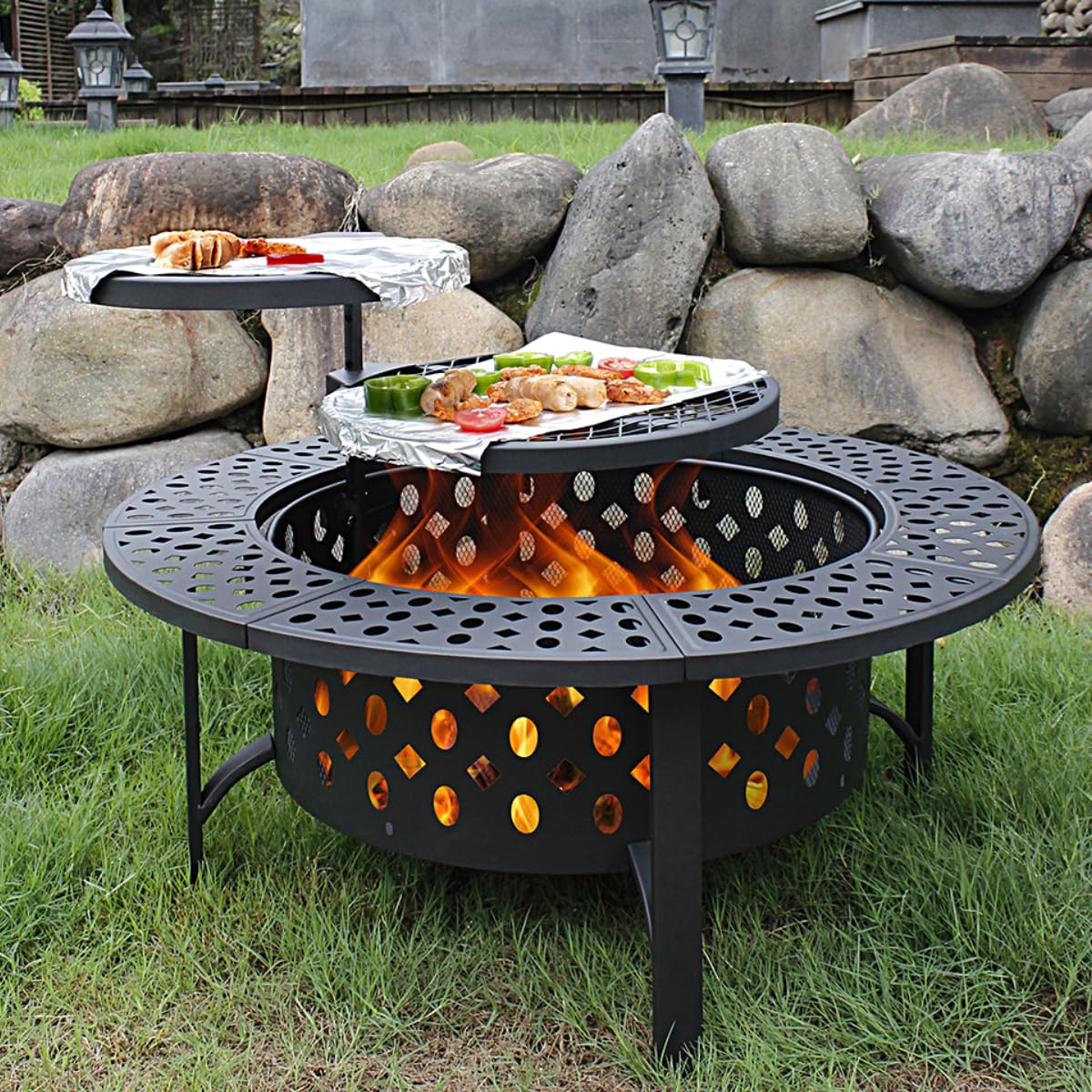 47 Inch Fire Pit with 2 Grills, Wood Burning Fire Pits for Outside with Lid & Poker, BBQ& Outdoor Firepit & Round Metal Table 3 in 1 for Patio