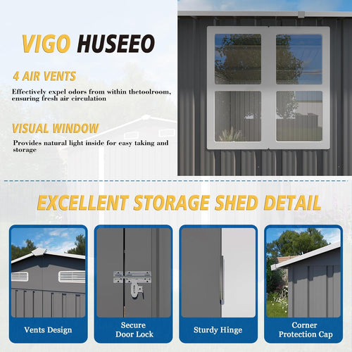 10x14x6.7FT Outdoor Storage Shed, Galvanized Steel Garden Shed with Lockable Door & Window, Waterproof Metal Tool Storage for Garden, Backyard, Patio