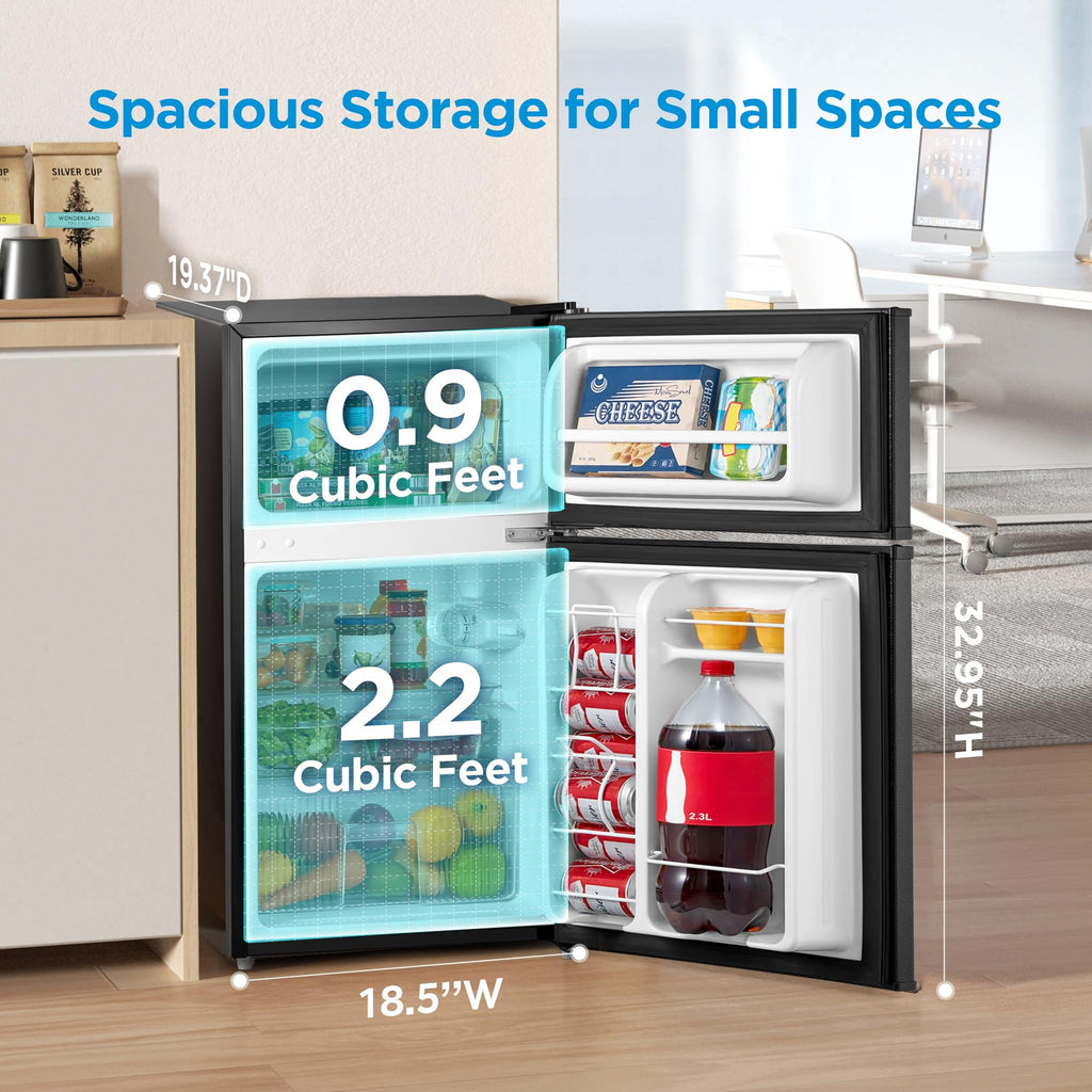 Midea WHD-113FB1 Double Door Mini Fridge with Freezer for Bedroom Office or Dorm with Adjustable Remove Glass Shelves Compact Refrigerator, 3.1 cu ft