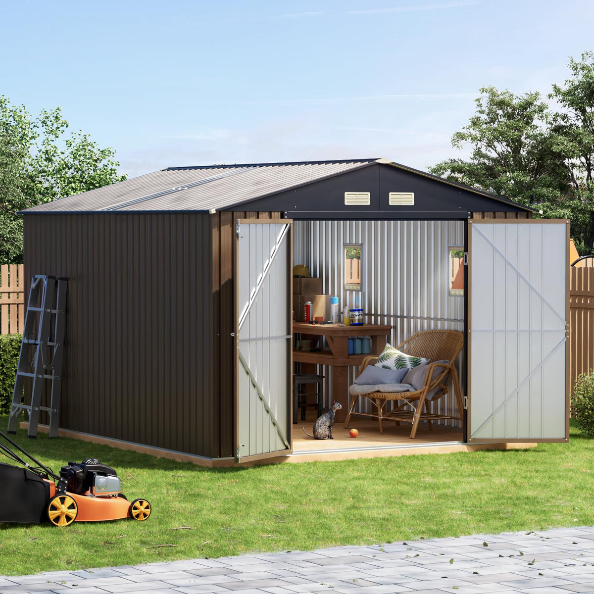 10x10 FT Outdoor Metal Storage Shed, Double Swing Doors, 2 Clear Windows,Tool Shed for Garden, Patio, Backyard Nightblue