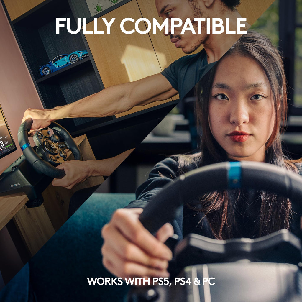 Logitech G923 Racing Wheel and Pedals, TRUEFORCE up to 1000 Hz Force Feedback, Gaming Steering Wheel PS5, PS4, PC, Mac, Genuine Leather- Black