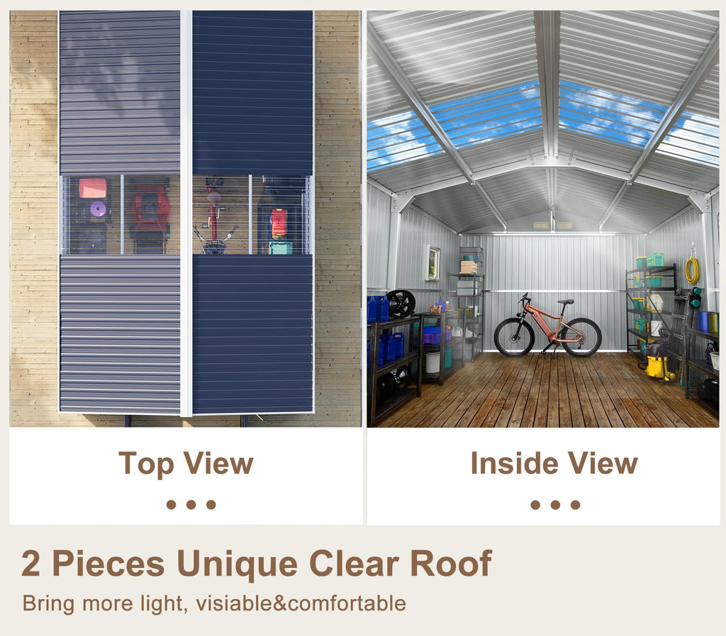 10x12 FT Metal Outdoor Storaged Shed with Floor Base Waterproof Heavy Duty Reinforced Frame with Unique Clear Roof Skyview Windows Air Vent for