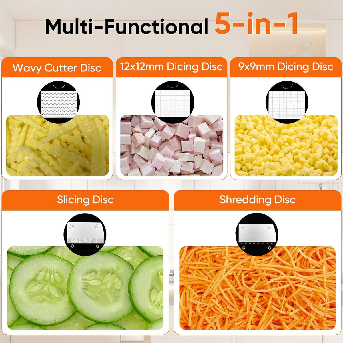 5-in-1 Electric Vegetable Chopper, Commercial Food Dicer - Multifunctional Vegetable Cutter Processor with Dual Feed Chutes for Dicing, Slicing