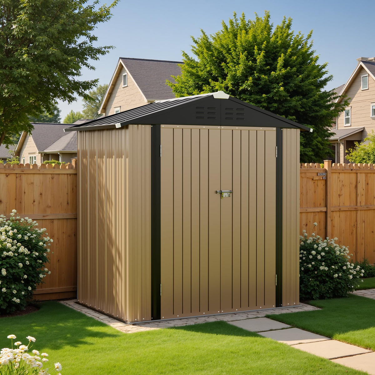 Greesum Outdoor Storage Shed 6 x 8 ft. Utility Tool Shed Metal Storage Garden Shed with Door & Lock for Patio Storage, Brown