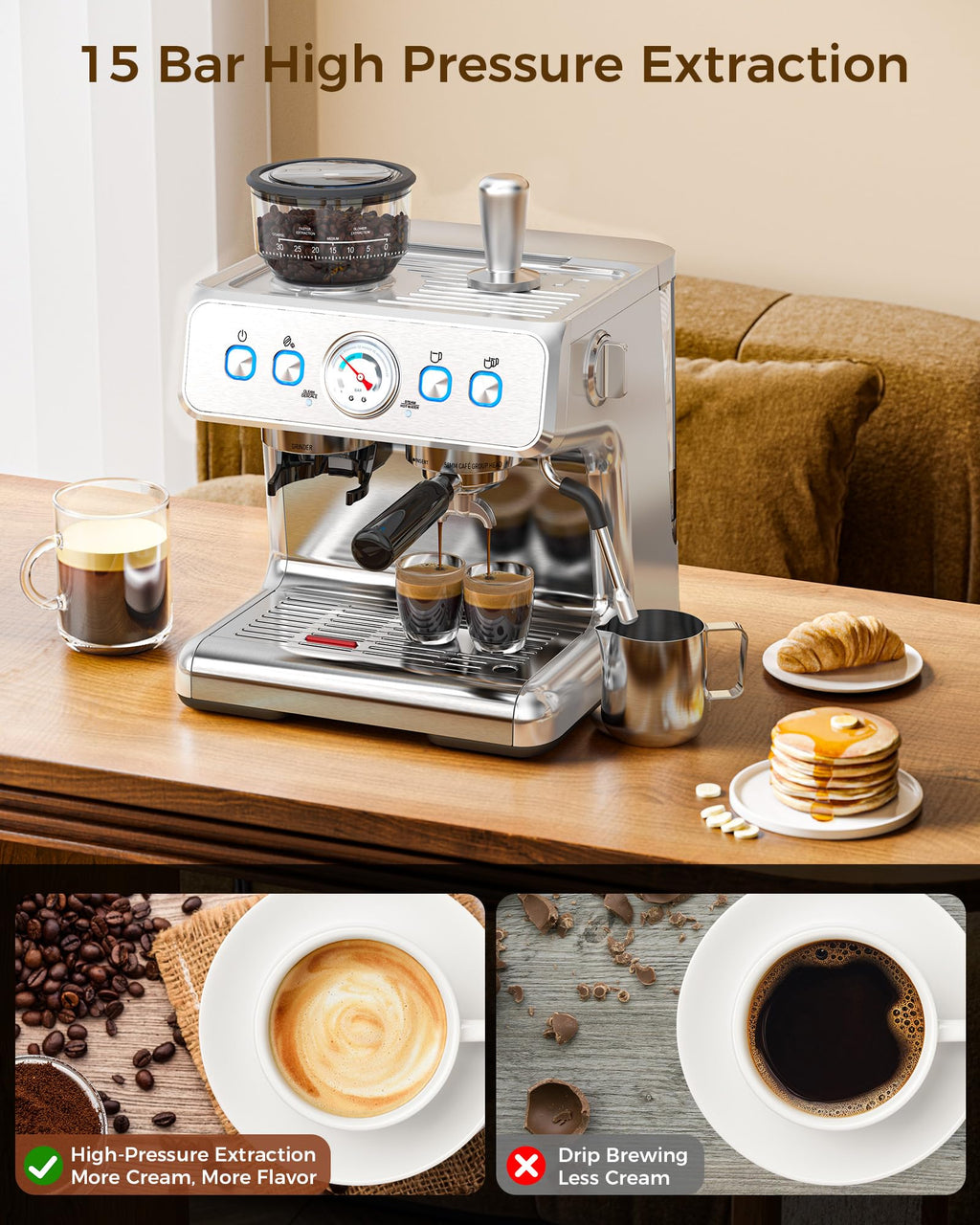 (2025 Upgrade)20 Bar Espresso Machine with Grinder & Milk Frother Steam Wand, Tamping Tools, Expresso Coffee Machines 58mm Commercial Espresso Maker