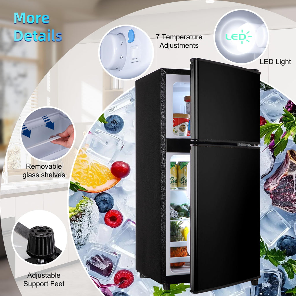 3.3 Cu. Ft. Mini Fridge with Freezer, Compact Refrigerator with Adjustable 7-Level Thermostat, Dorm Fridge for Kichen, RV, Office, Apartment, Black