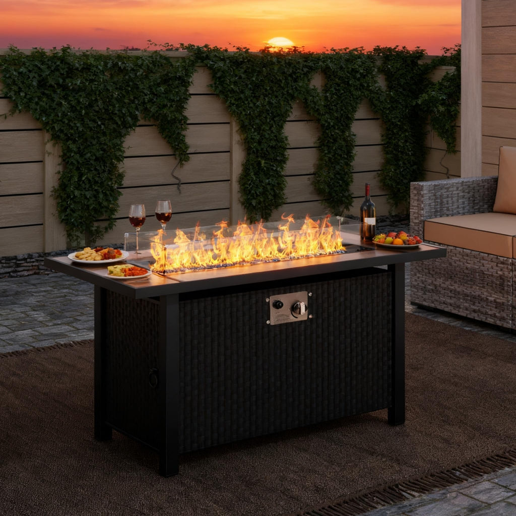 45 inch Gas Fire Pit Table, Patio Outdoor Propane Fire Pits with Removable Lid & Waterproof Cover, 50000 BTU with Lava Rock and Alumium Frame Tables