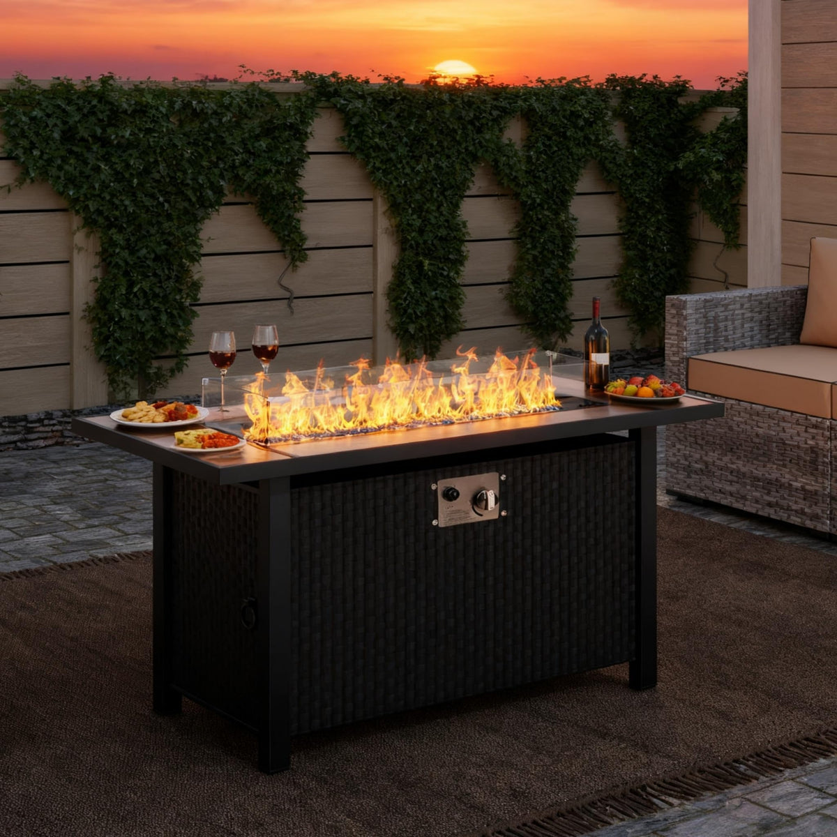 45 inch Gas Fire Pit Table, Patio Outdoor Propane Fire Pits with Removable Lid & Waterproof Cover, 50000 BTU with Lava Rock and Alumium Frame Tables