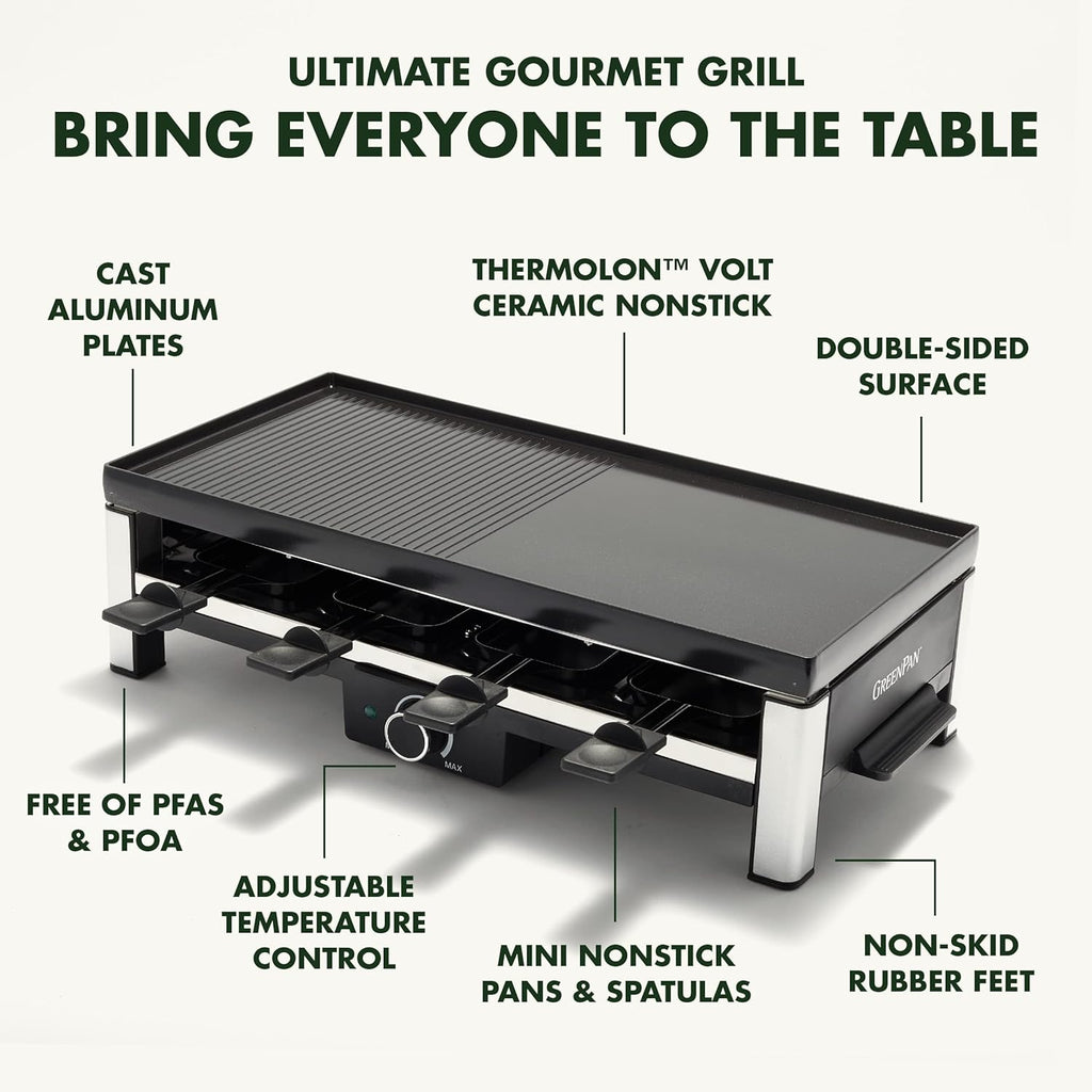 GreenPan Electrics Healthy Ceramic Nonstick, 3-in-1 Reversible Grill, Griddle & Raclette, PFAS-Free, Serves up to 8 People for Parties &Family Fun