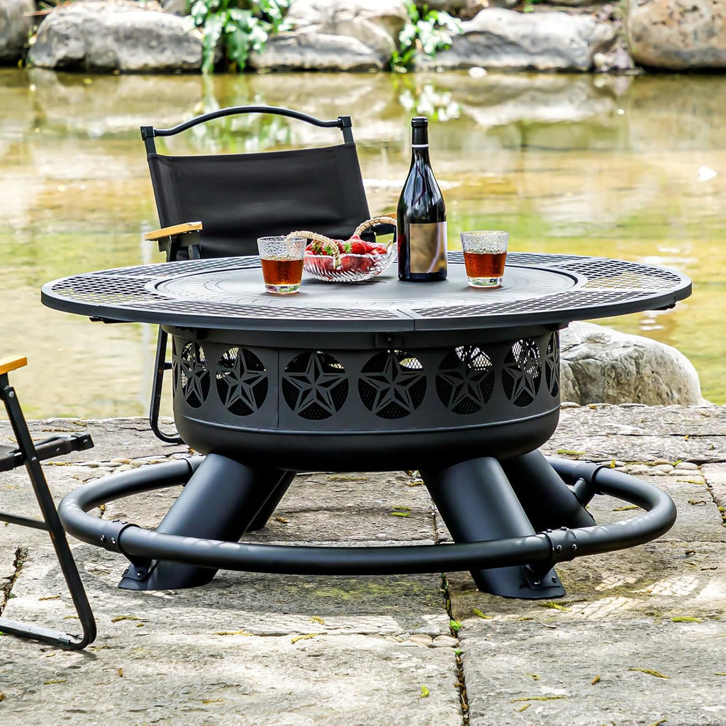 47 Inch Outdoor Fire Pit with 2 Grills, Extra Large BBQ Firepits for Outside, Metal Round Fire pits with Lid&Fire Poker,3 in 1 Wood Burning Outdoor