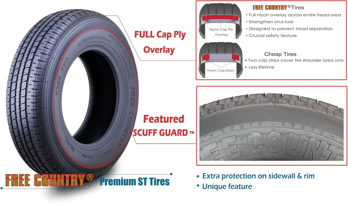 Free Country ST205/75R15 Prem Trailer Tires 8PR LR D 107N w/Scuff Guard, S2