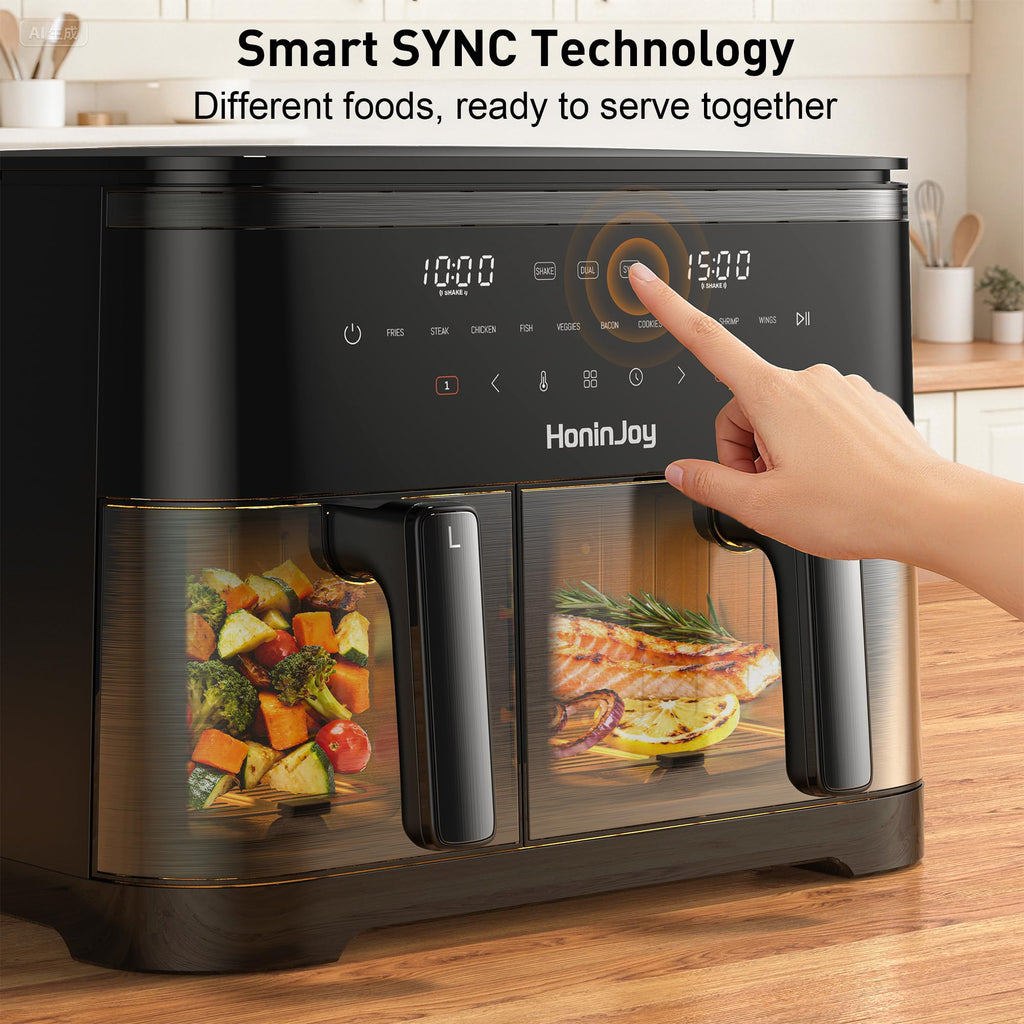 12QT Large Dual Basket Air Fryer with Viewing Window and 50pcs Paper Liners, 10-in-1 Digital Touchscreen Double Zone Air Fryers, SyncCook to Bake