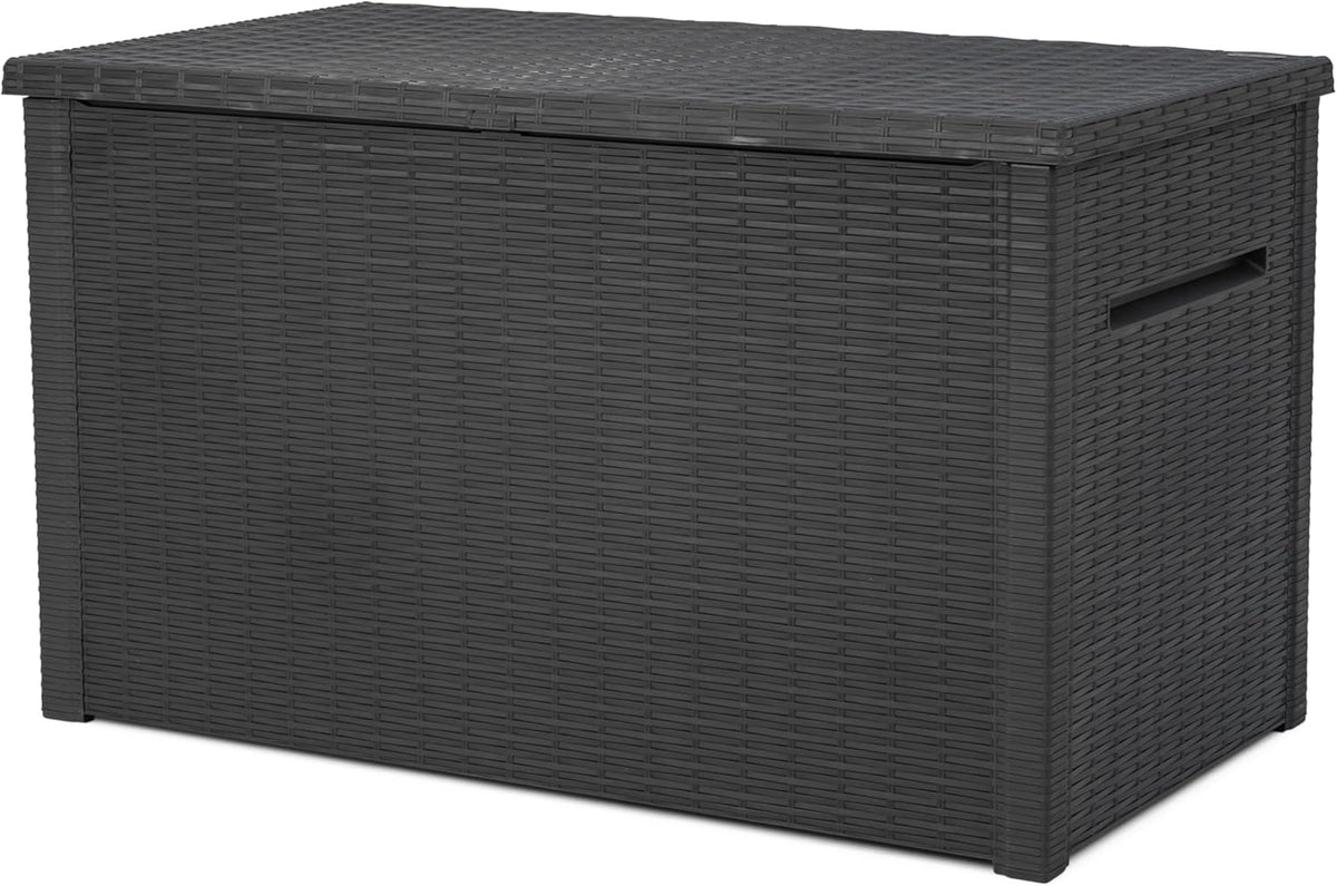 Keter Java XXL 230 Gallon Resin Rattan Look Large Outdoor Storage Deck Box for Patio Furniture Cushions, Pool Toys, and Garden Tools, Dark Grey