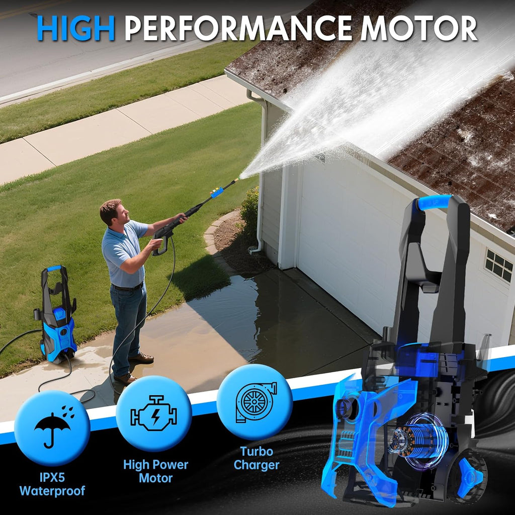 Power washers for Home, 4 Quick-Connect Nozzles & Adjustable Soap Tank Washers for Cars, Driveways, Patios, Fences, Home Cleaning (Blue)