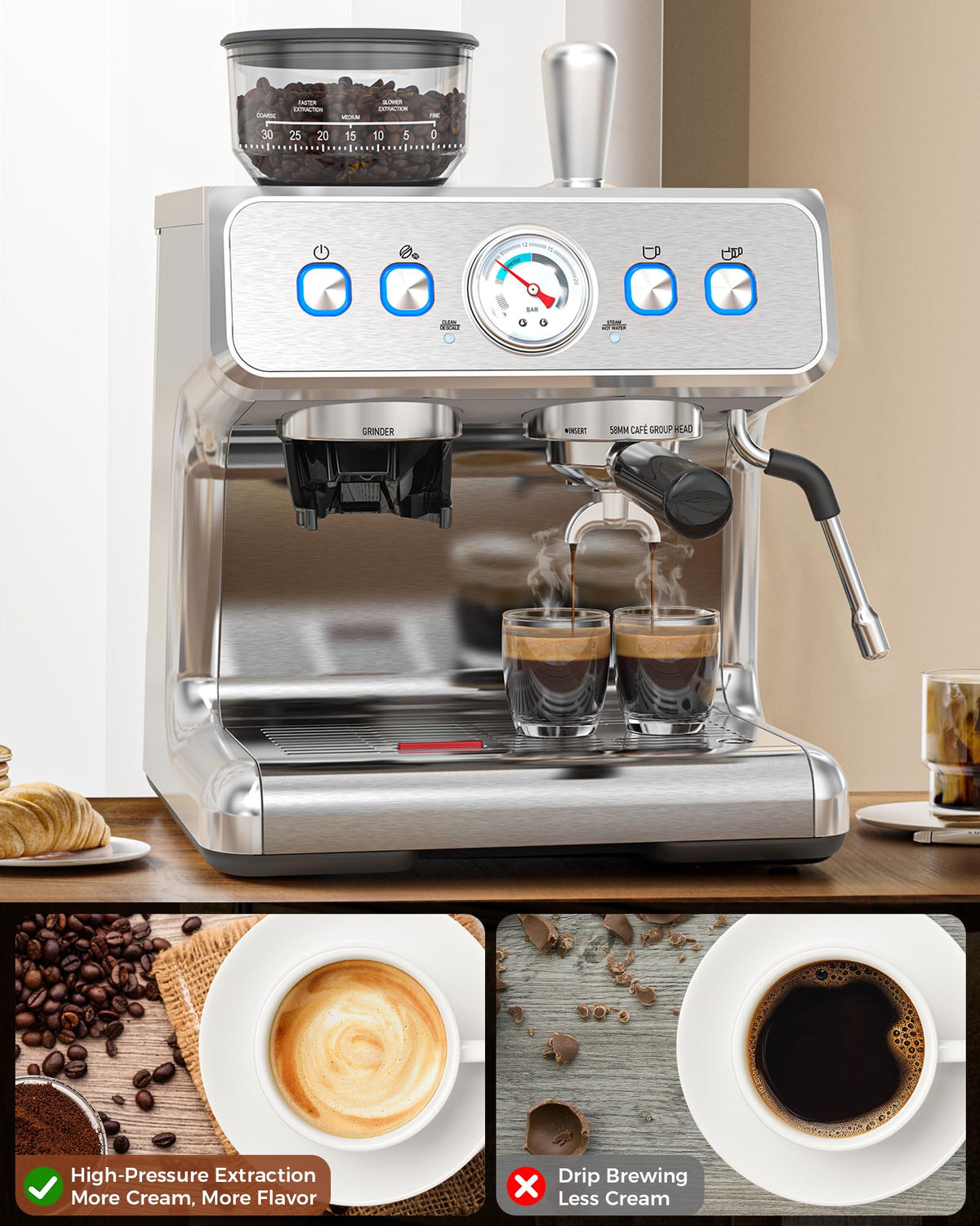 (2025 Upgrade)20 Bar Espresso Machine with Grinder & Milk Frother Steam Wand, Tamping Tools, Expresso Coffee Machines 58mm Commercial Espresso Maker