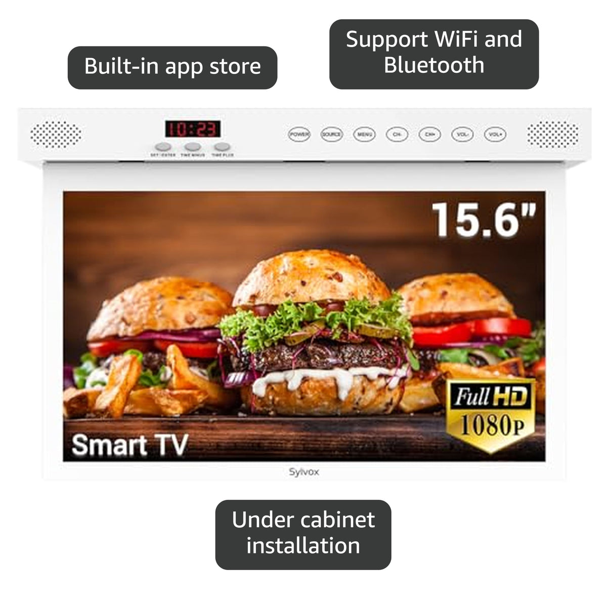 SYLVOX 15.6" Kitchen TV, 1080P FHD Under Cabinet TV with App Store, Voice Assistant, Chromecast, 12-Volt for Small Spaces, Kitchen, Bedroom, RV