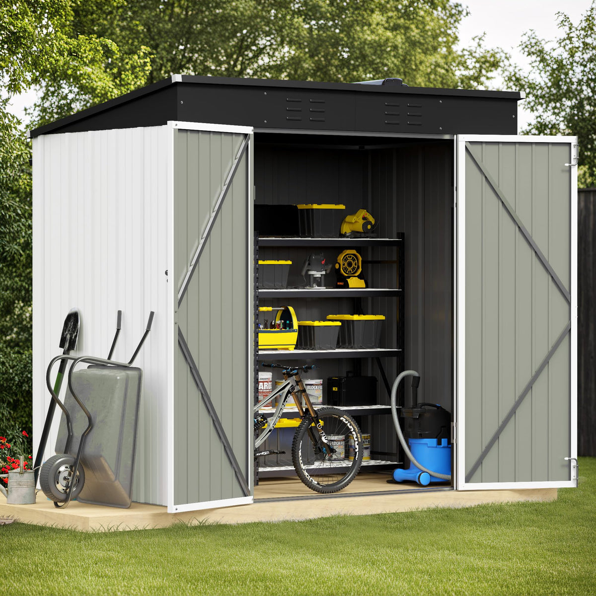 Greesum Outdoor Storage Shed 6 x 8 ft. Utility Tool Shed Metal Storage Garden Shed with Door & Lock for Patio Storage, Brown