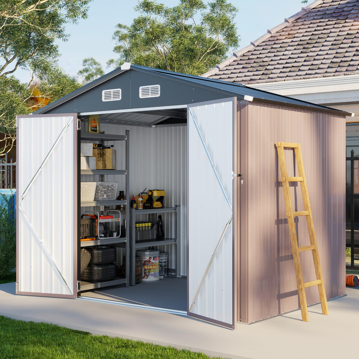 Aoxun 7.4x5.3FT Shed with Floor Galvanized Steel Outdoor Storage Shed Metal Garden Shed with Double Doors, 15mm Moisture-Proof Floor & Ventilation