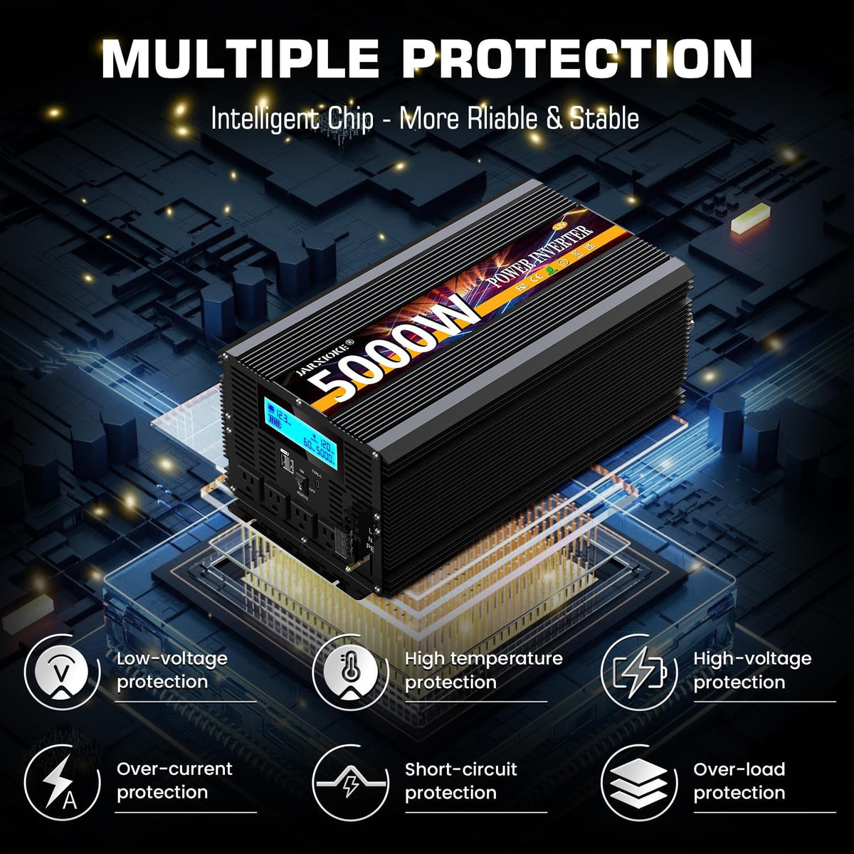 5000 Watt Power Inverter 12V DC to 110V 120V Converter for Family RV Off Grid Solar System Car with Type-C Ports 3 AC Power Outlets Dual USB Ports