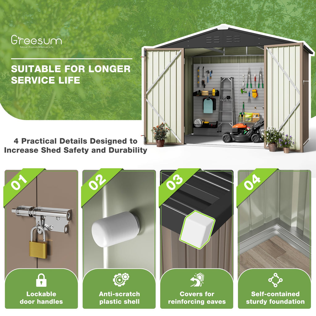 Greesum Outdoor Storage Shed 6 x 8 ft. Utility Tool Shed Metal Storage Garden Shed with Door & Lock for Patio Storage, Brown
