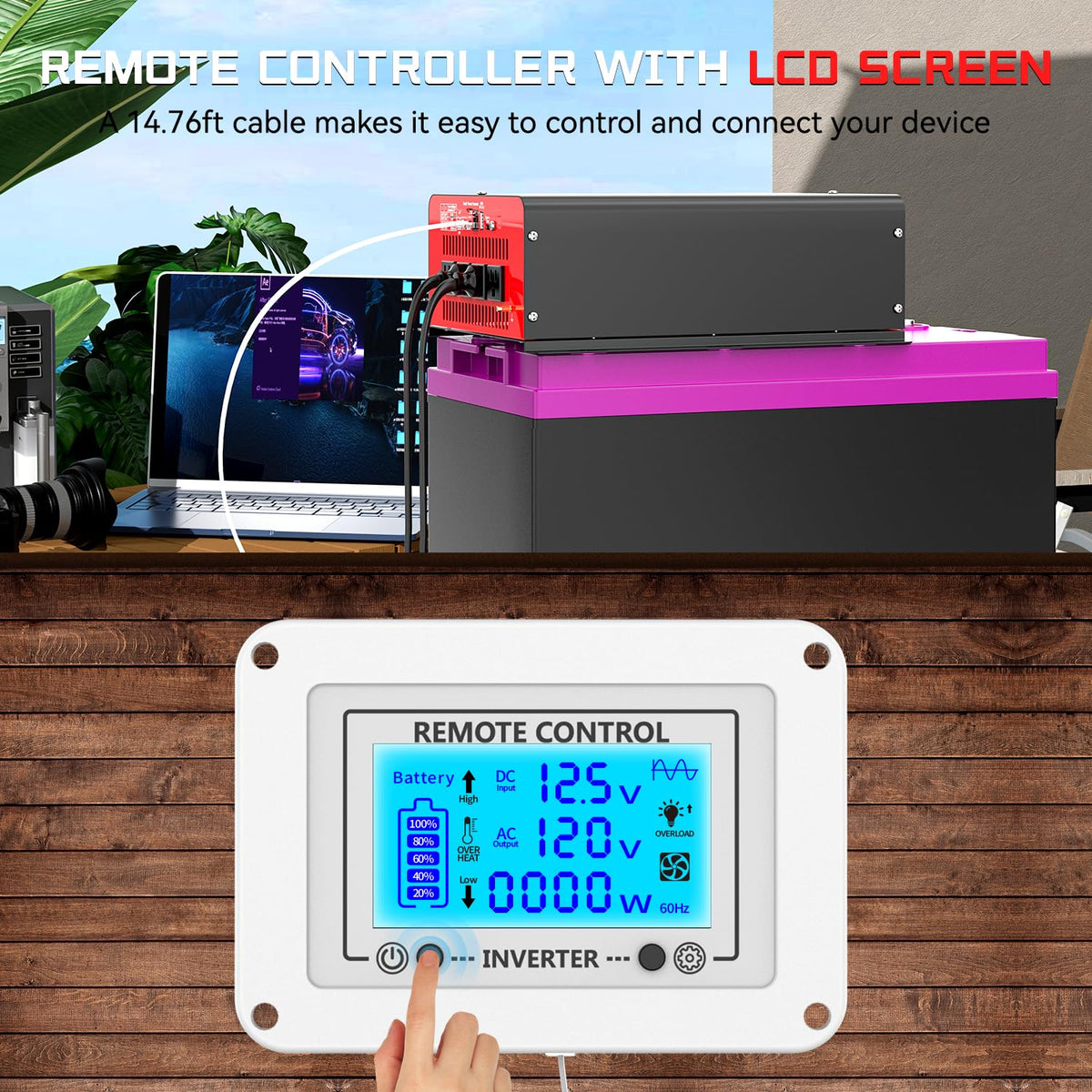4000 Watt Power Inverter 12V DC to 110V AC Car Inverter with 4 AC Outlets, 30W Type-C Port, 3.1A USB Port, Remote Controller on LCD Screen, Peak