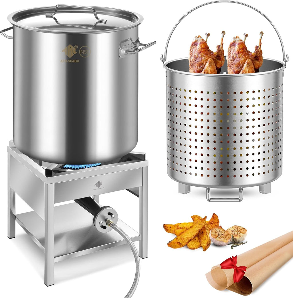 64QT Seafood Boil Pot w/200,000BTU Propane Burner Set, Stainless Steel Basket for Outdoor Deep Fryer, Large Cooking Pot for Turkey Fryer, Crawfish