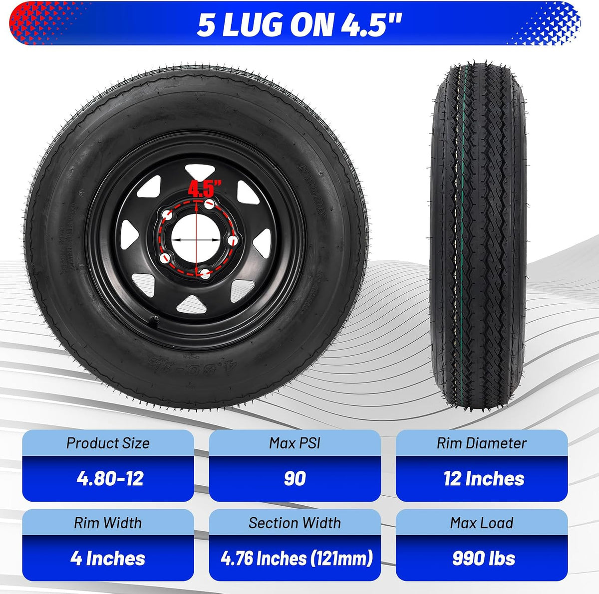 4.80-12 4.80x12 480-12 4.80-12 Trailer Tires with 12 in Rims, 5 Lug on 4.5 in, Load Range C, 6PR, Black