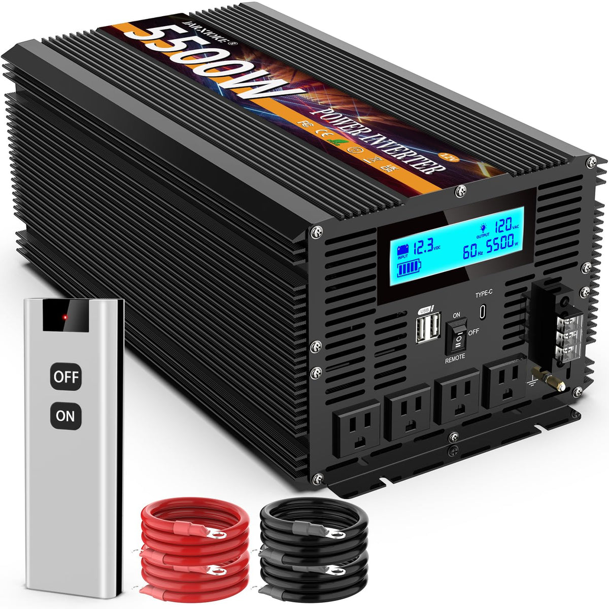 5500 Watt Power Inverter 12V DC to 110V 120V Converter for Family RV Off Grid Solar System Car with Type-C Ports 3 AC Power Outlets Dual USB Ports