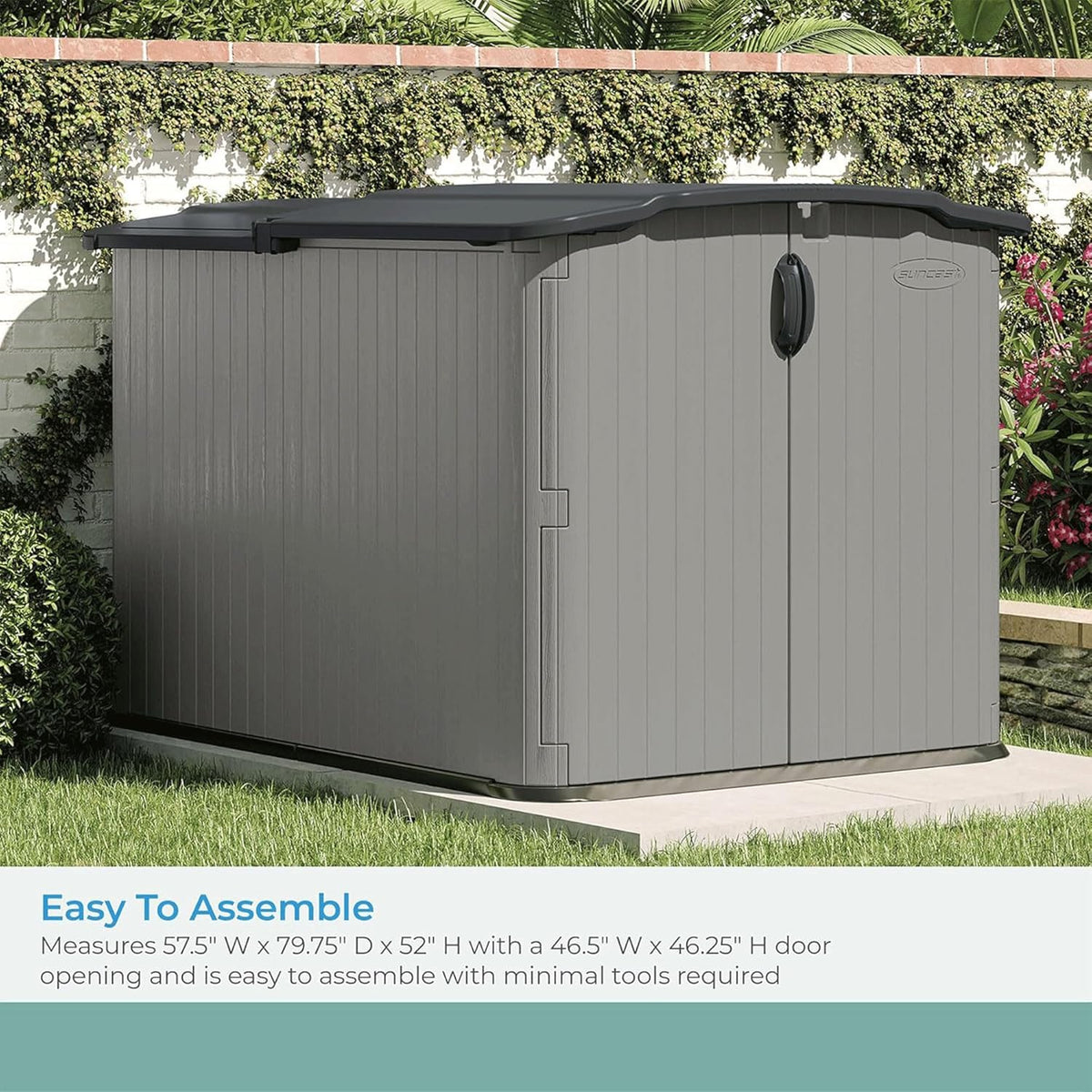 Suncast 138 Cu Ft Horizontal Outdoor Storage Shed, 57.5"x79.75"x52" Glidetop Outdoor Shed with Sliding Lid, Plastic Resin Storage Sheds with Floor