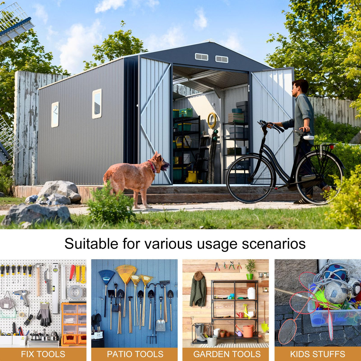 10x12 FT Metal Outdoor Storaged Shed with Floor Base Waterproof Heavy Duty Reinforced Frame with Unique Clear Roof Skyview Windows Air Vent for