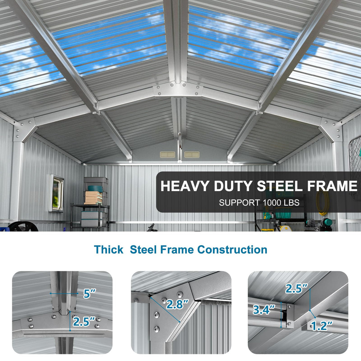 10x12 FT Metal Outdoor Storaged Shed with Floor Base Waterproof Heavy Duty Reinforced Frame with Unique Clear Roof Skyview Windows Air Vent for