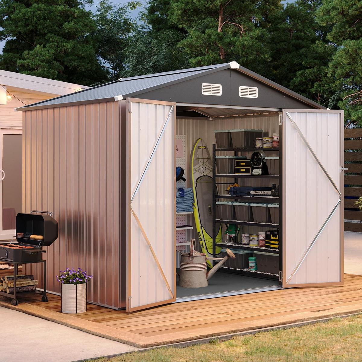 Aoxun 7.4x5.3FT Shed with Floor Galvanized Steel Outdoor Storage Shed Metal Garden Shed with Double Doors, 15mm Moisture-Proof Floor & Ventilation
