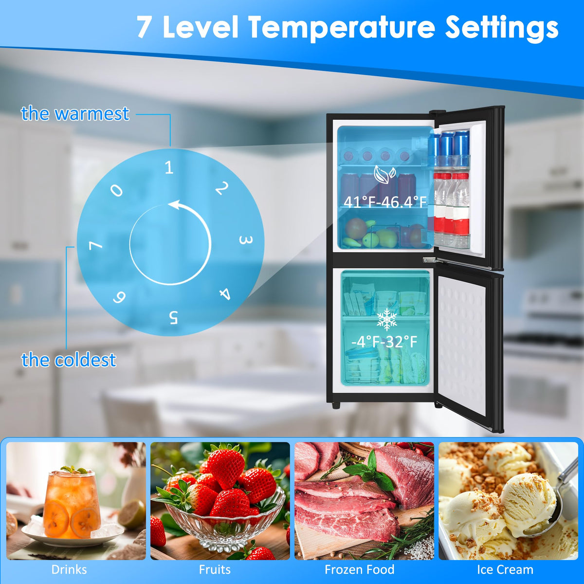 3.3 Cu. Ft. Mini Fridge with Freezer, Compact Refrigerator with Adjustable 7-Level Thermostat, Dorm Fridge for Kichen, RV, Office, Apartment, Black