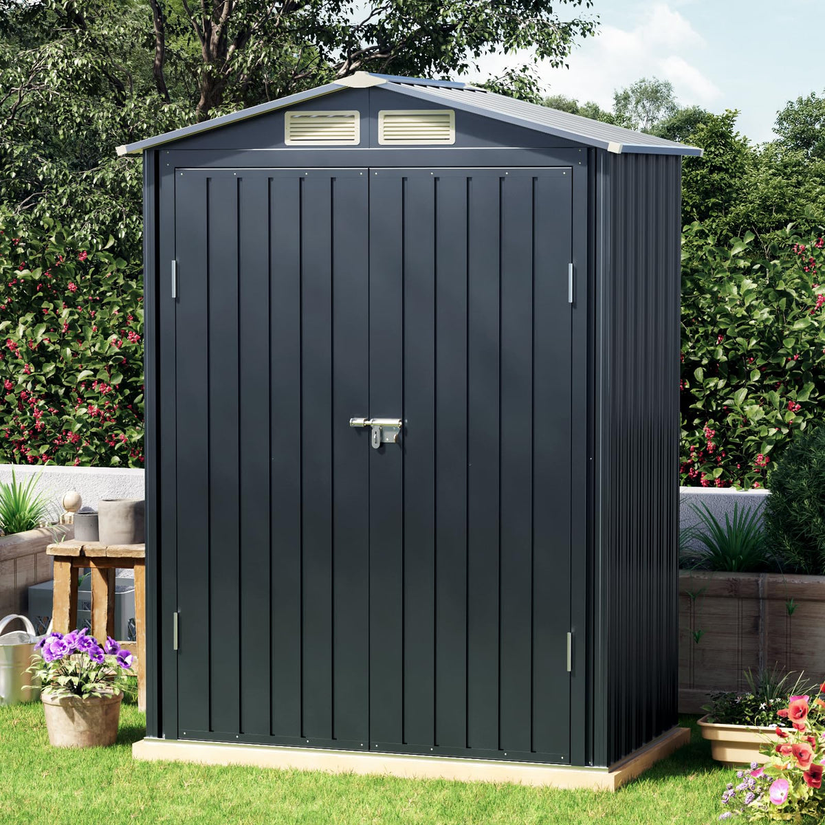 10x10 FT Outdoor Metal Storage Shed, Double Swing Doors, 2 Clear Windows,Tool Shed for Garden, Patio, Backyard Nightblue