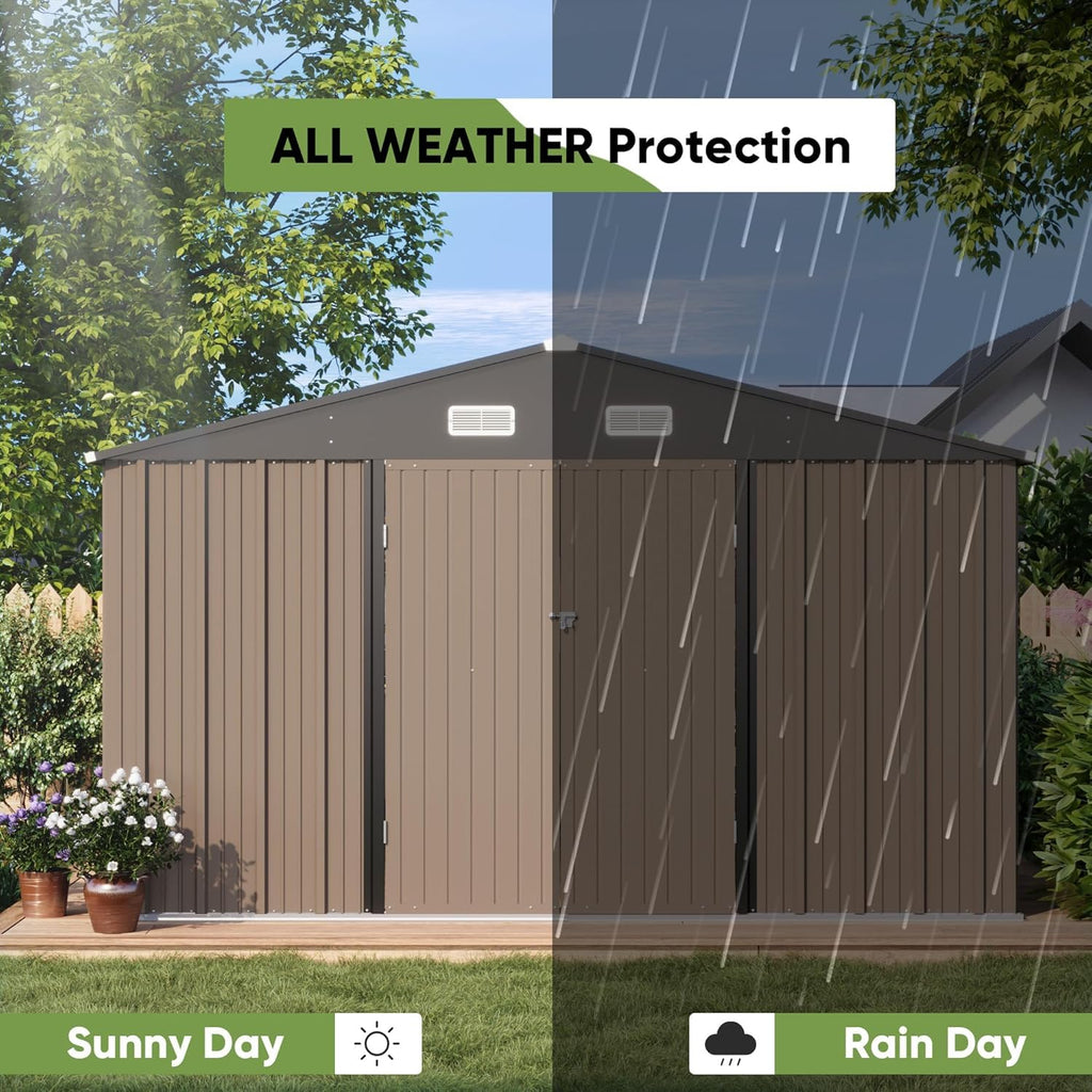 Greesum Outdoor Storage Shed 6 x 8 ft. Utility Tool Shed Metal Storage Garden Shed with Door & Lock for Patio Storage, Brown