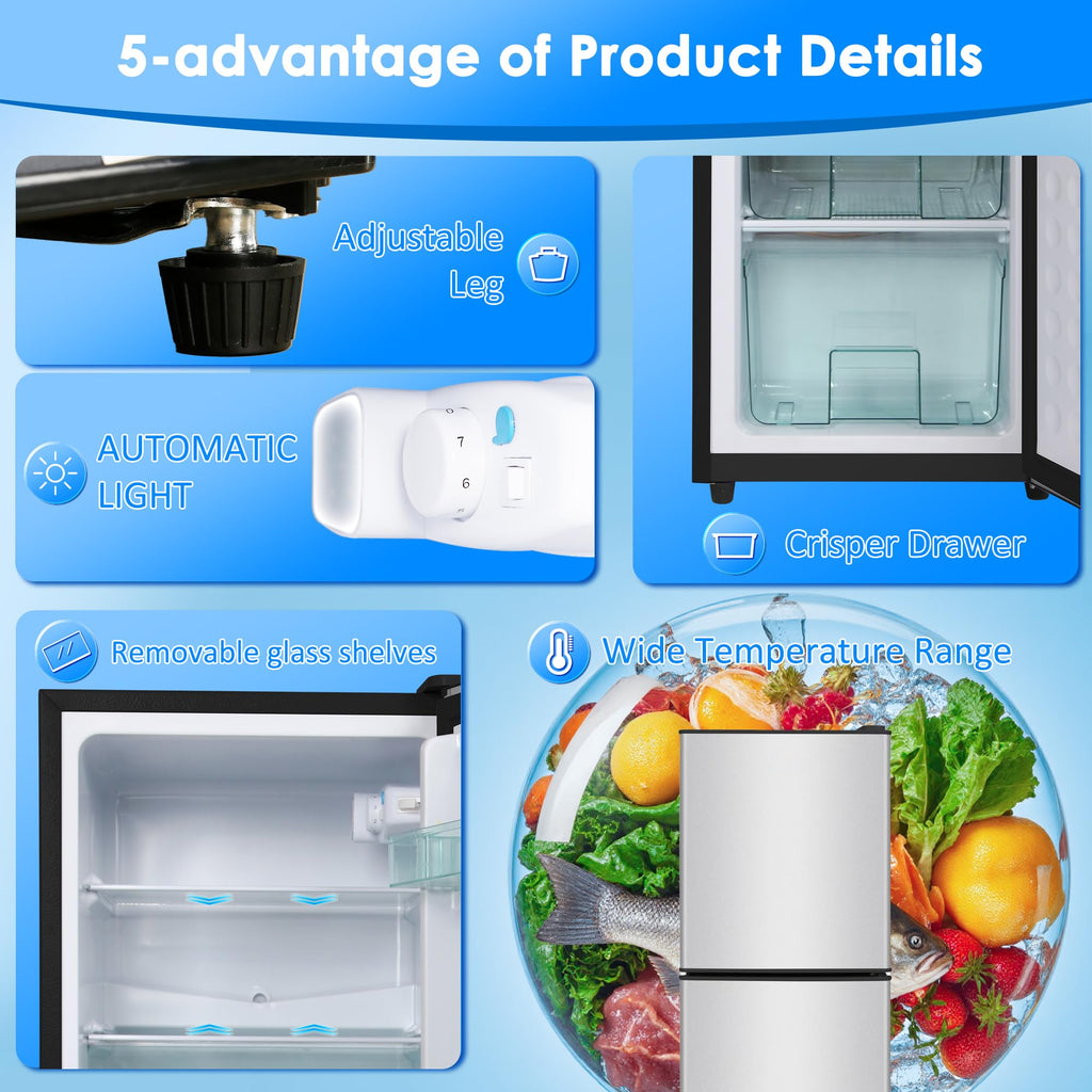 3.3 Cu. Ft. Mini Fridge with Freezer, Compact Refrigerator with Adjustable 7-Level Thermostat, Dorm Fridge for Kichen, RV, Office, Apartment, Black