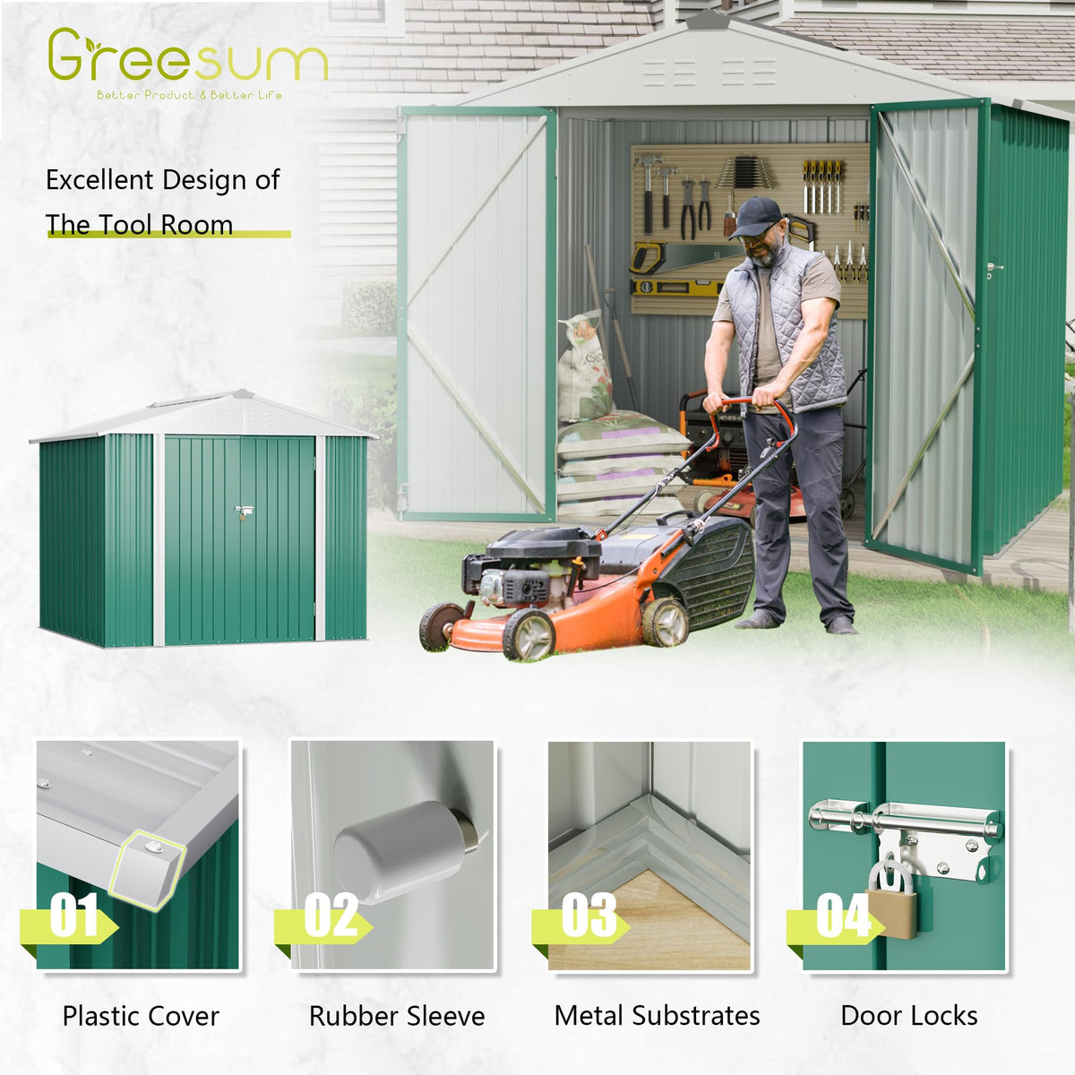 Greesum Outdoor Storage Shed 6 x 8 ft. Utility Tool Shed Metal Storage Garden Shed with Door & Lock for Patio Storage, Brown