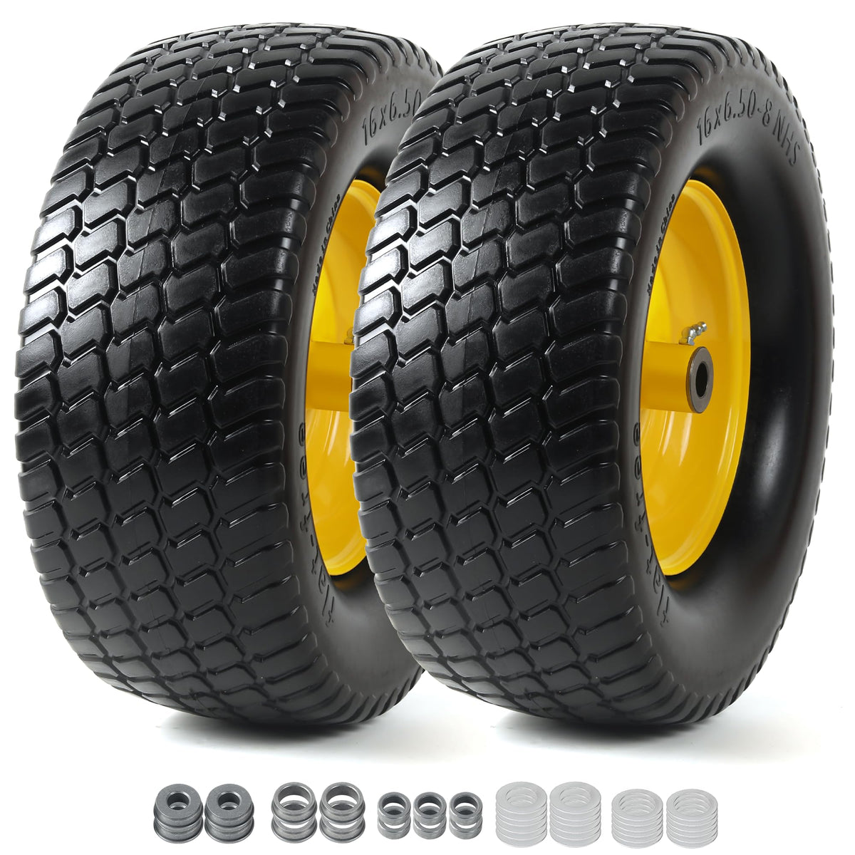 AR-PRO (2-Pack) 16x6.50-8 Flat-Free Tire and Wheel Assemblies, Relacement 16x6.5-8 Solid Turf Tire with Rim for Garden Tractor Riding Lawn Mowers, 3" Offset Hub and 3/4" Bushings