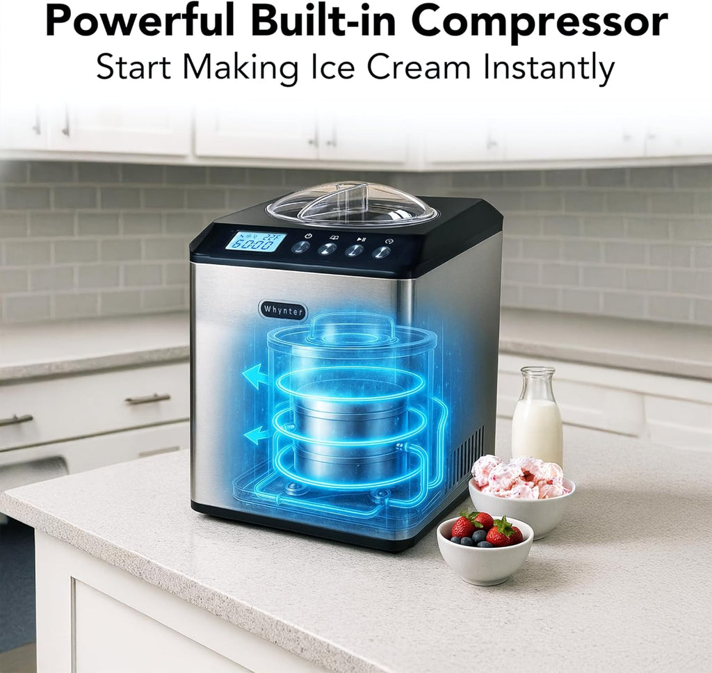 Whynter Ice Cream Maker Machine Automatic 2.1 Qt. Upright with Built-In Compressor, LCD Digital Display & Timer, No Pre-Freezing, ICM-201SB