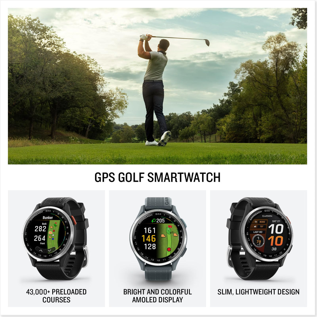 Garmin Approach® S44, Essential Golf GPS Smartwatch, AMOLED Display, On-Course Features, Silver Aluminum Bezel with Black Silicone Band
