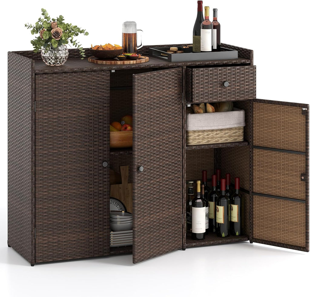 Tangkula Rattan Outdoor Storage Cabinet, Patiojoy Outdoor Cabinet with 4 Adjustable Shelves, 1 Drawer, 3 Doors, Patio Storage Deck Box Table for