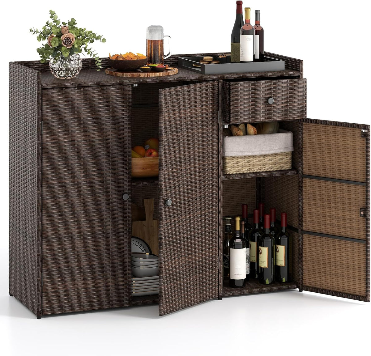 Tangkula Rattan Outdoor Storage Cabinet, Patiojoy Outdoor Cabinet with 4 Adjustable Shelves, 1 Drawer, 3 Doors, Patio Storage Deck Box Table for