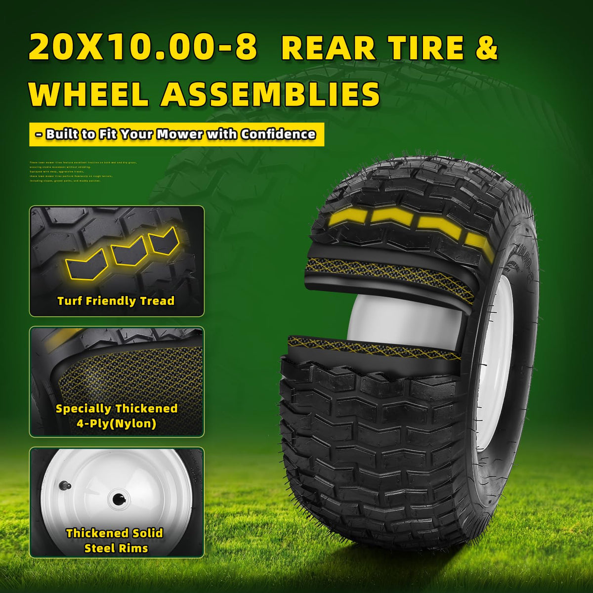 (2 Pack) 20x8.00-8 Tubeless Rear Riding Mowers Tire and Wheel Assemblies