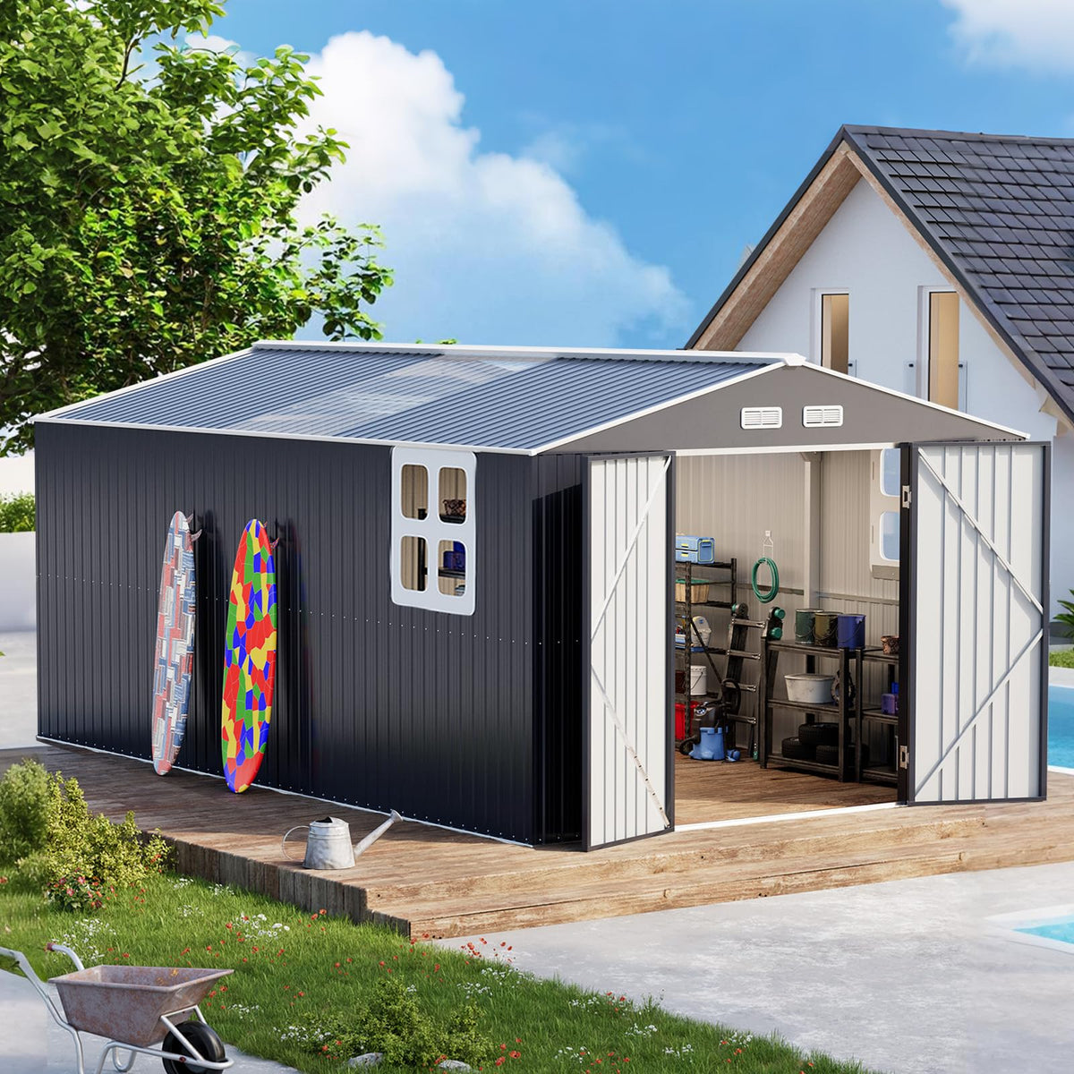 10x12 FT Metal Outdoor Storaged Shed with Floor Base Waterproof Heavy Duty Reinforced Frame with Unique Clear Roof Skyview Windows Air Vent for