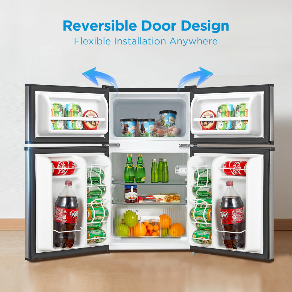 Midea WHD-113FB1 Double Door Mini Fridge with Freezer for Bedroom Office or Dorm with Adjustable Remove Glass Shelves Compact Refrigerator, 3.1 cu ft
