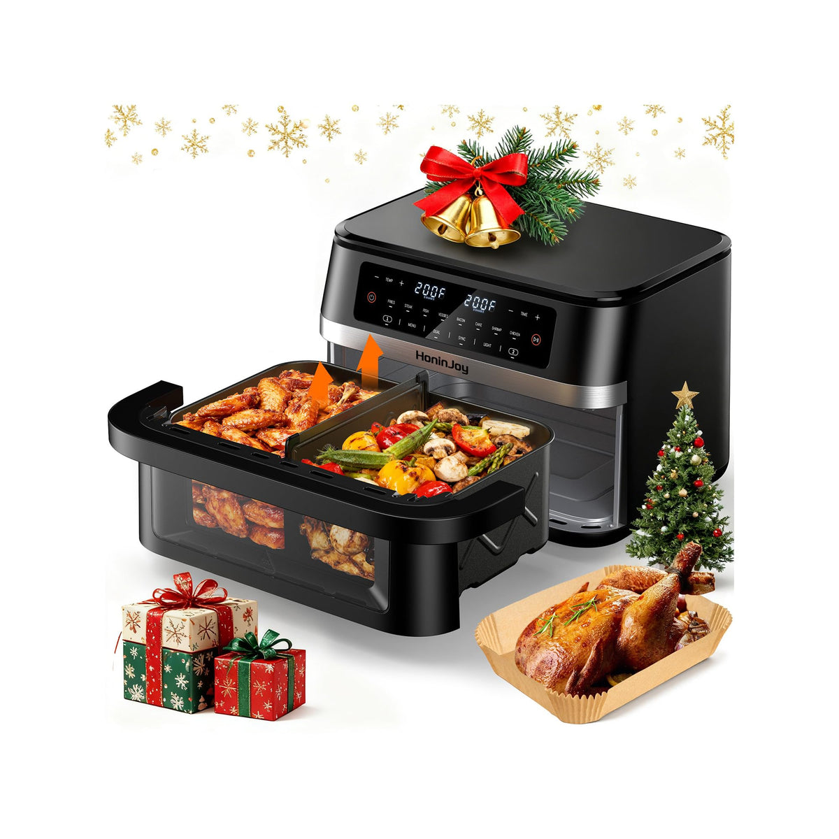 12QT Large Dual Basket Air Fryer with Viewing Window and 50pcs Paper Liners, 10-in-1 Digital Touchscreen Double Zone Air Fryers, SyncCook to Bake