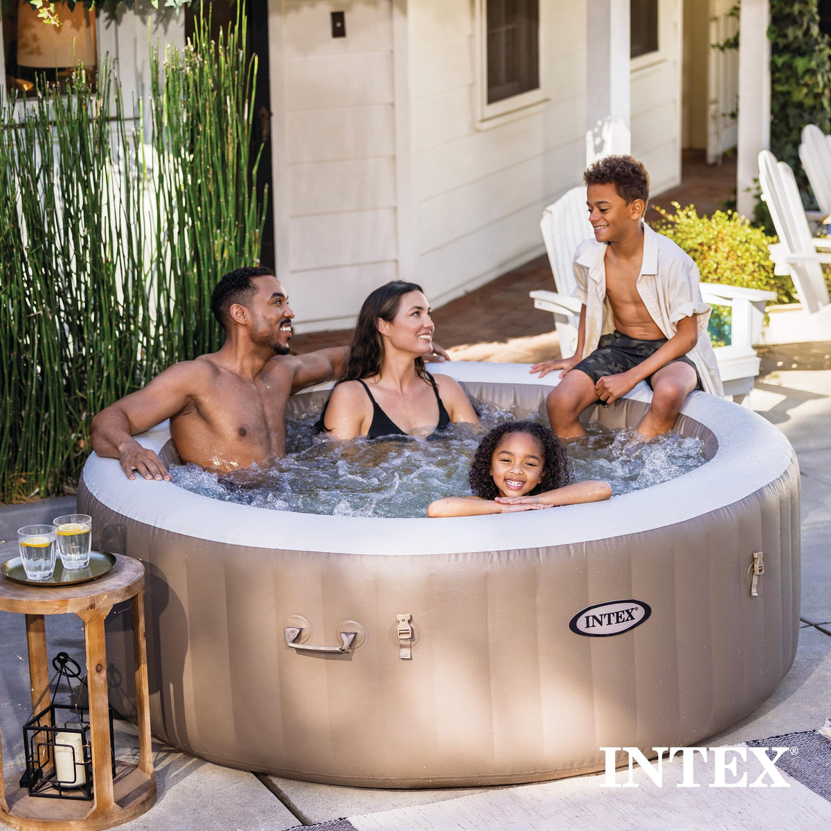 INTEX 28425EH PureSpa Bubble Massage Spa Set Outdoor Inflatable Portable Hot Tub, Includes Energy Efficient Spa Cover, Saltwater System Ready, 4