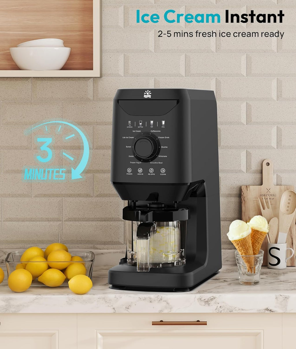 Automatic Ice Cream Maker Machine - 12-in-1 Ice Cream Maker with 2 Pint Containers & Lids, 2-5 Min Homemade Gelato, Sorbet and Frozen Yogurt Maker