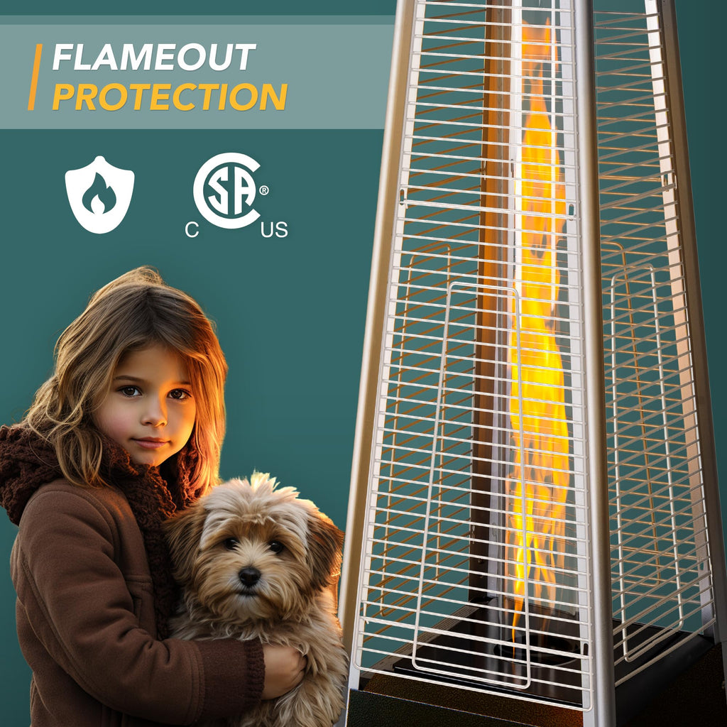 PAMAPIC Patio Heater, 42,000 BTU Quartz Glass Tube Brown Tower Propane Outdoor Heater with Cover